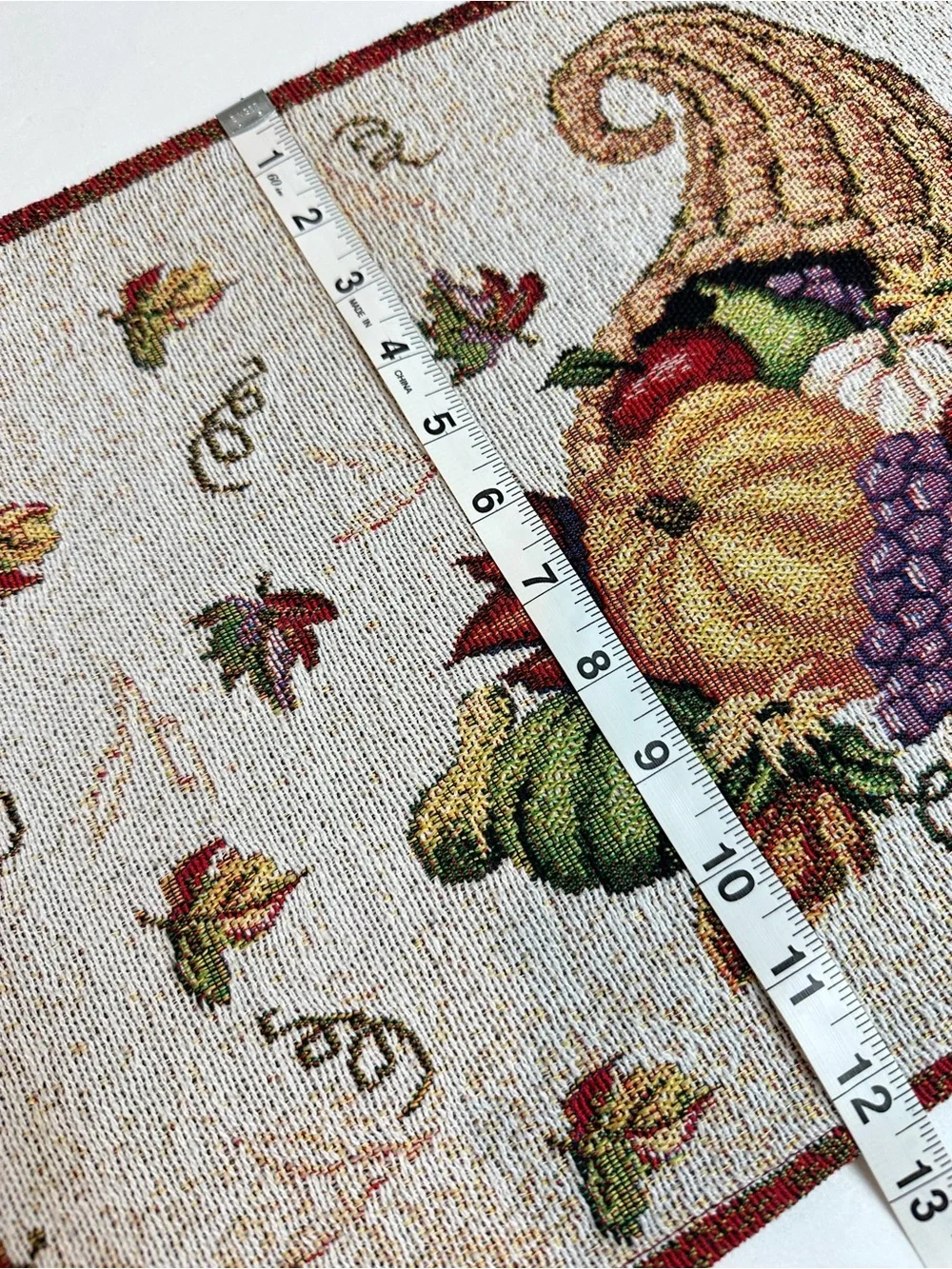 Vintage Cornucopia Table Runner with Red, Green, Gold Fruit & Leaf Motif